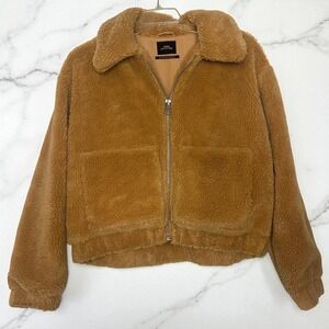 Urban Outfitters Teddy Jacket Brown Fuzzy‎ Fleece Zip Front Collared Coat Large